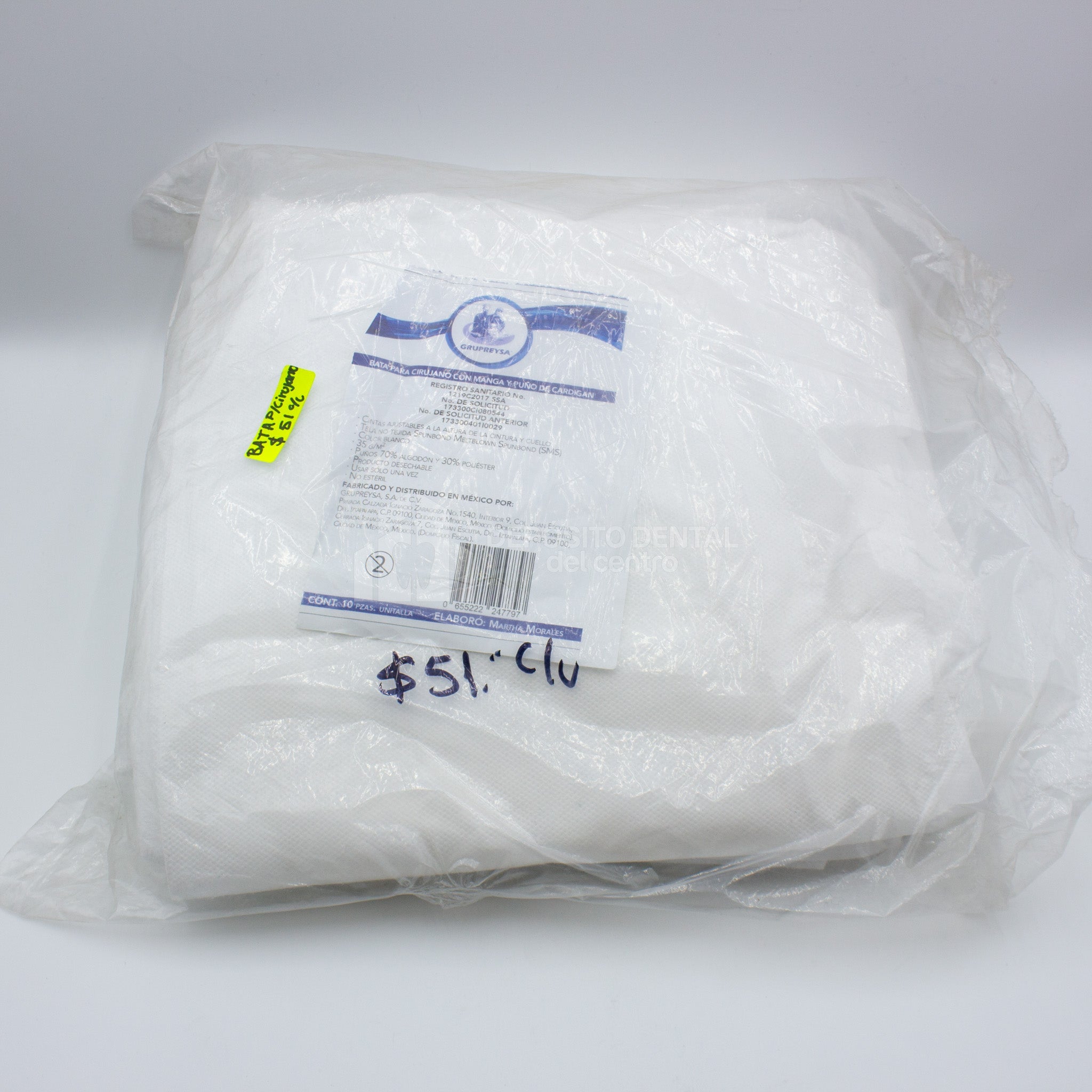 Bata para Cirujano Con Manga y Puño de Cardigan Pieza